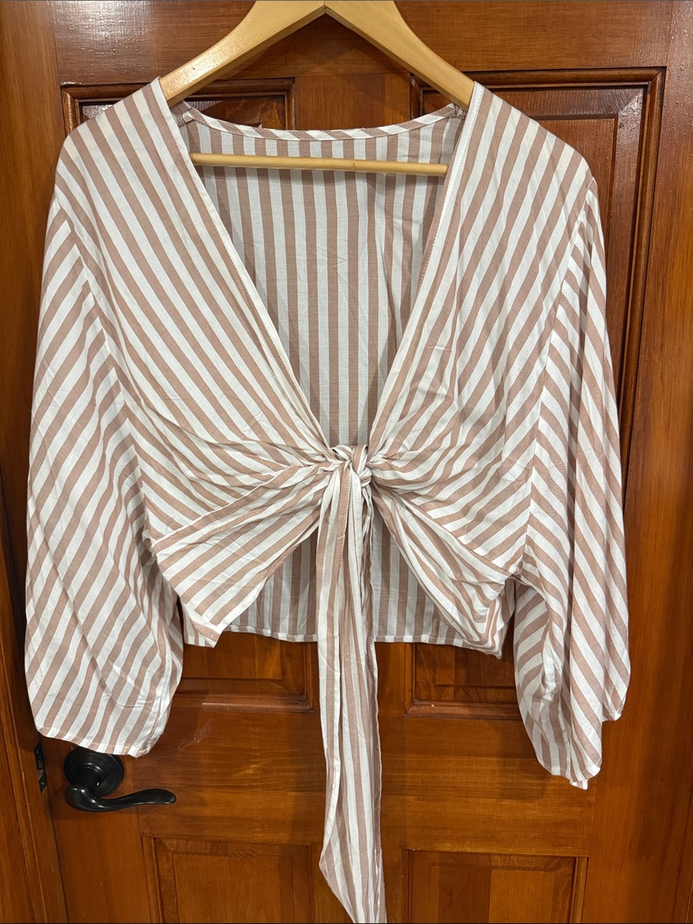 Striped Tie-Front Women's Top in Beige and White